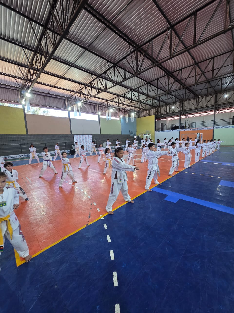 Alunos do projeto treinando Taekwondo no ginásio